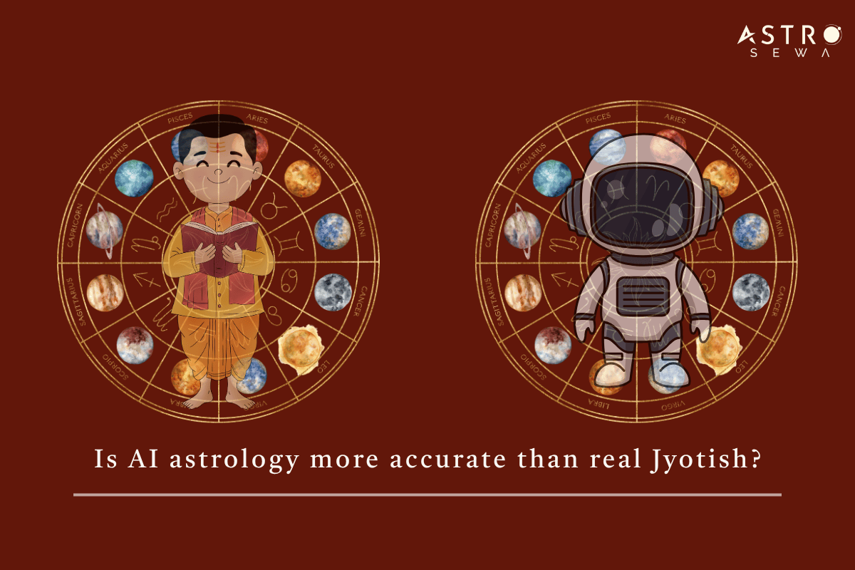Two astrological wheels-one showing a Vedic scholar holding a book while other illustrates astronaut cartoon