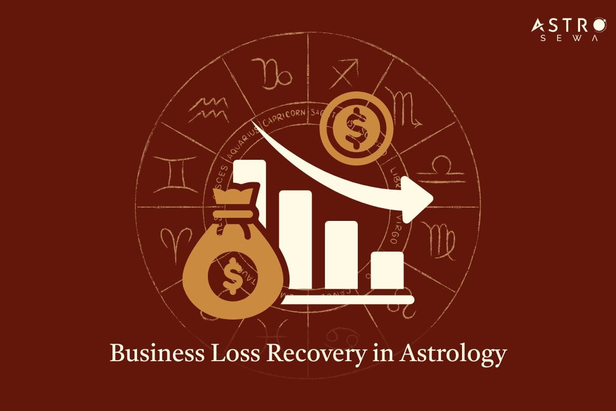 A zodiac wheel behind a money bag and a downward-trending bar graph with an arrow